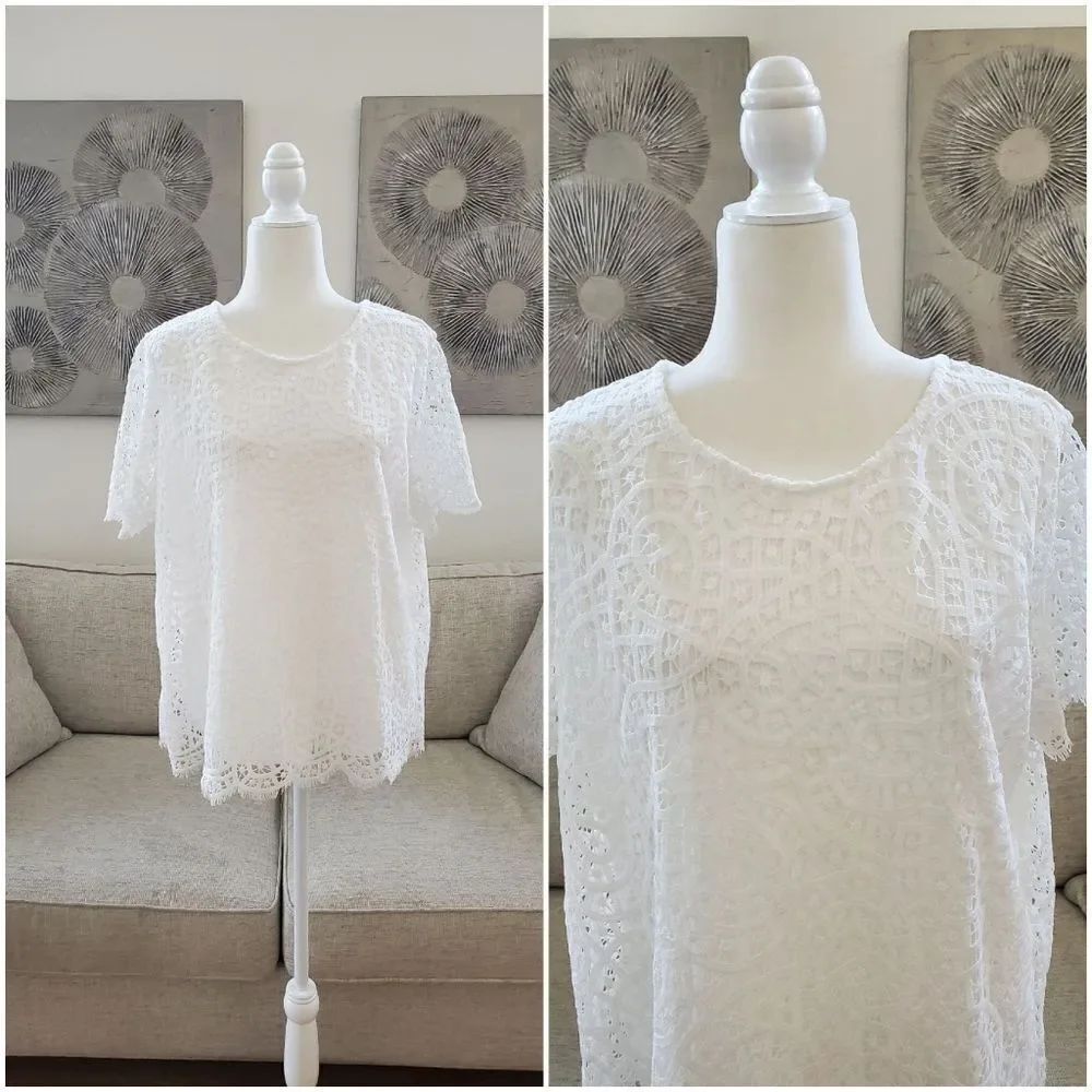 Philosophy White All Lace Scallop Trim Blouse sz Lg